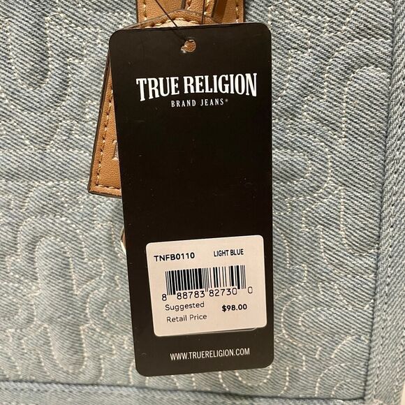 NWT True Religion Quilted Denim Horseshoe Satchel Crossbody Bag Light Blue - Picture 9 of 11